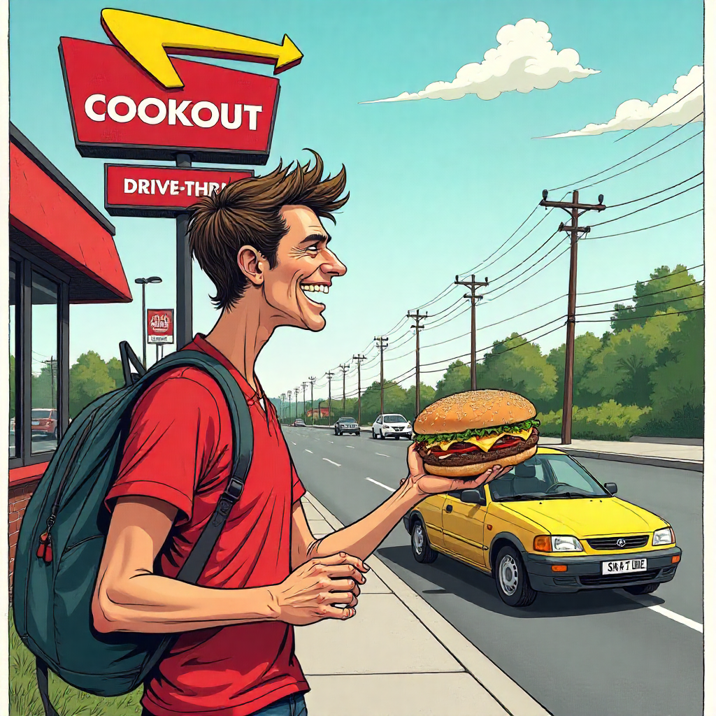 a man having burger in his hand moving on cook out drive thru