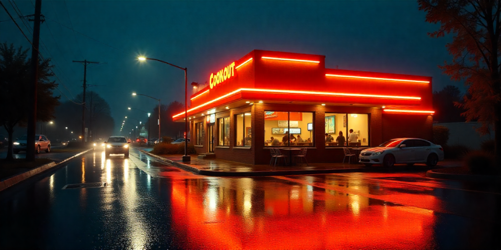 cook out building rainy view