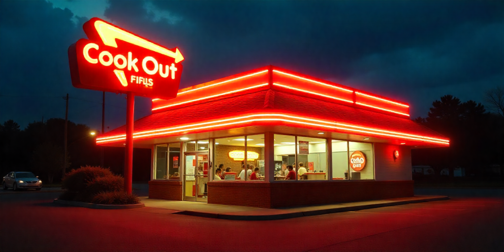 Cook Out Southern Icon restaurant in North Carolina with rustic roadside style and bright red and white signage.