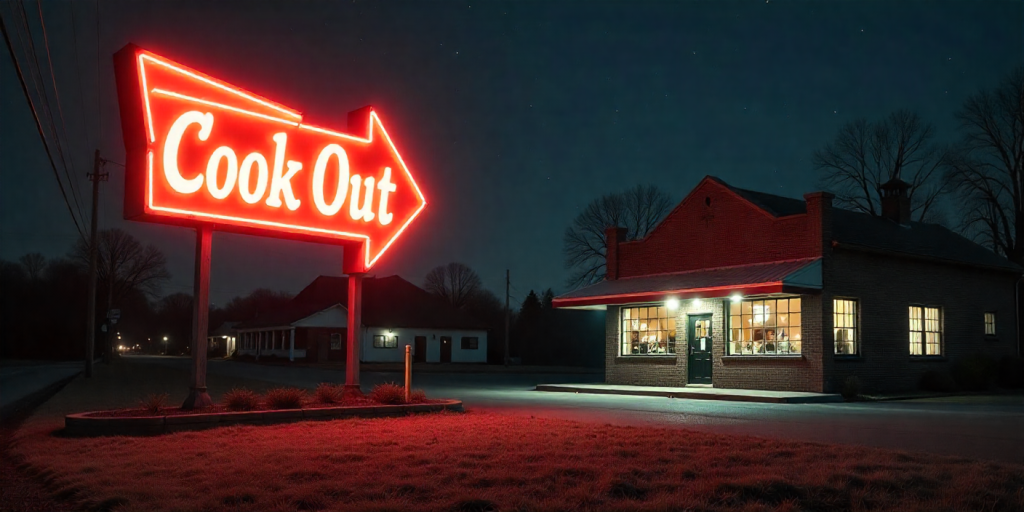 Cook Out Southern Icon late-night drive-thru glowing with neon lights and cars under the menu board.