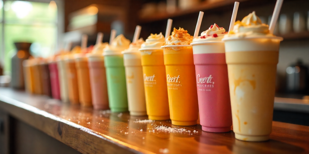 Cook Out Southern Icon milkshake lineup featuring colorful cups with over 40 flavors on a wooden counter.