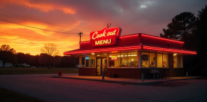 Cook Out Southern Icon glowing with red and white neon lights at a retro-style fast food restaurant in the South.