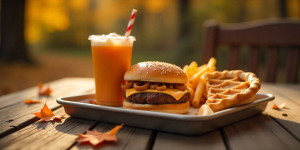 Home 27 Cook Out fall menu 2025 with pumpkin milkshake, autumn burger, waffle fries, and fried apple pie on a fall-themed table.