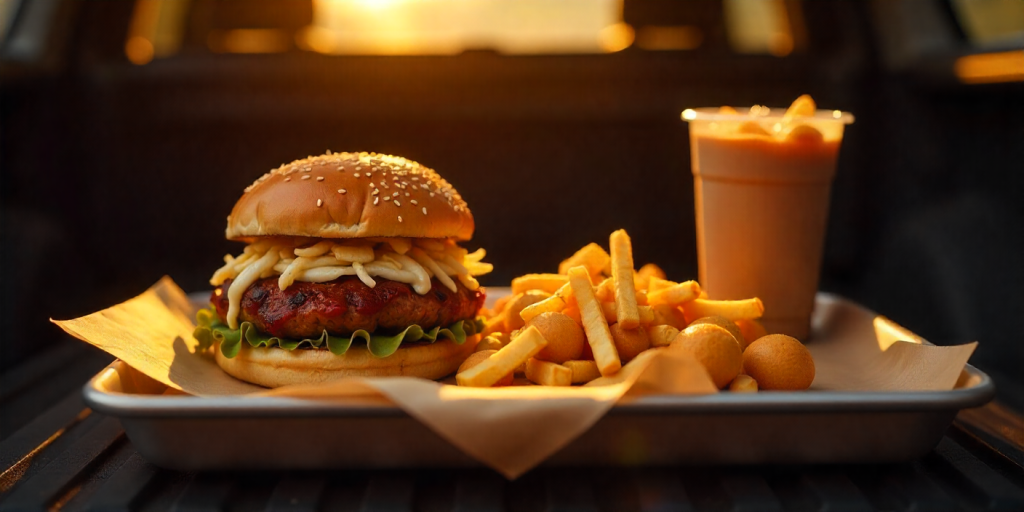 Cook Out tray tips, showing burger, fries, hush puppies, and a drink.