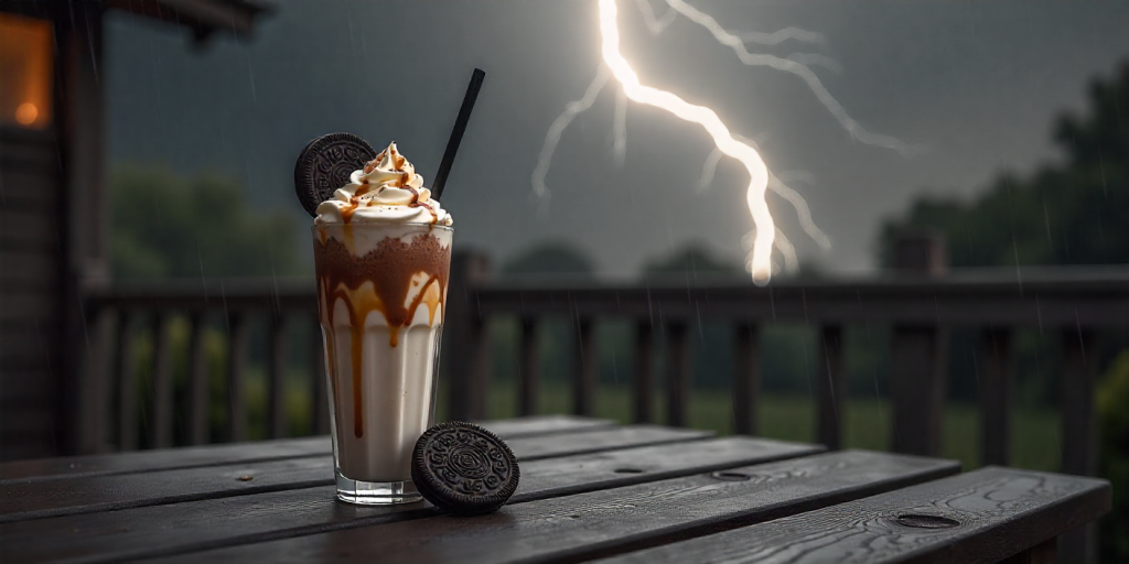 DIY Cook Out Milkshake with whipped cream, Oreos, and caramel drizzle
