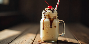 Home 24 DIY Cook Out Milkshake topped with whipped cream, chocolate drizzle, and cherry