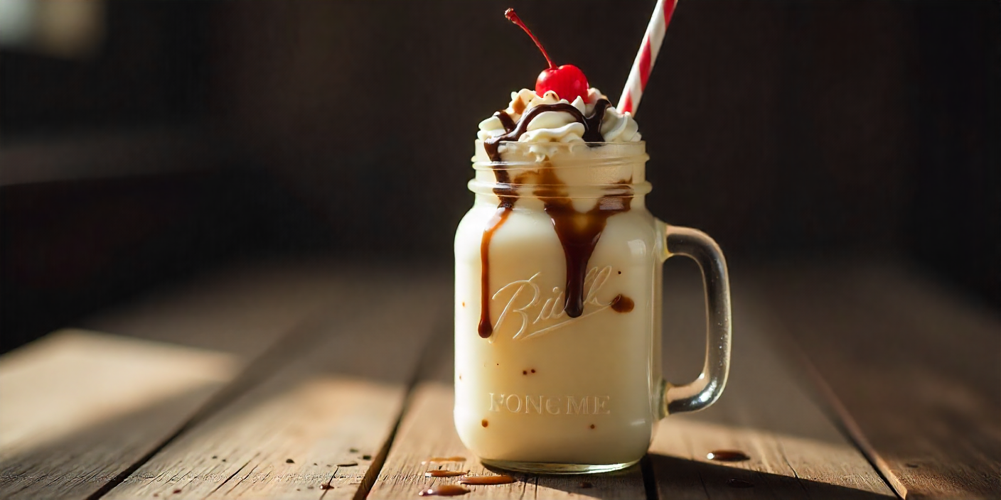 DIY Cook Out Milkshake topped with whipped cream, chocolate drizzle, and cherry