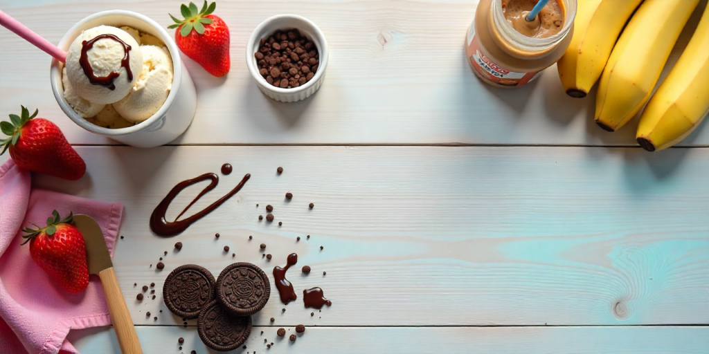 DIY Cook Out Milkshake ingredients including ice cream, fruit, and cookies