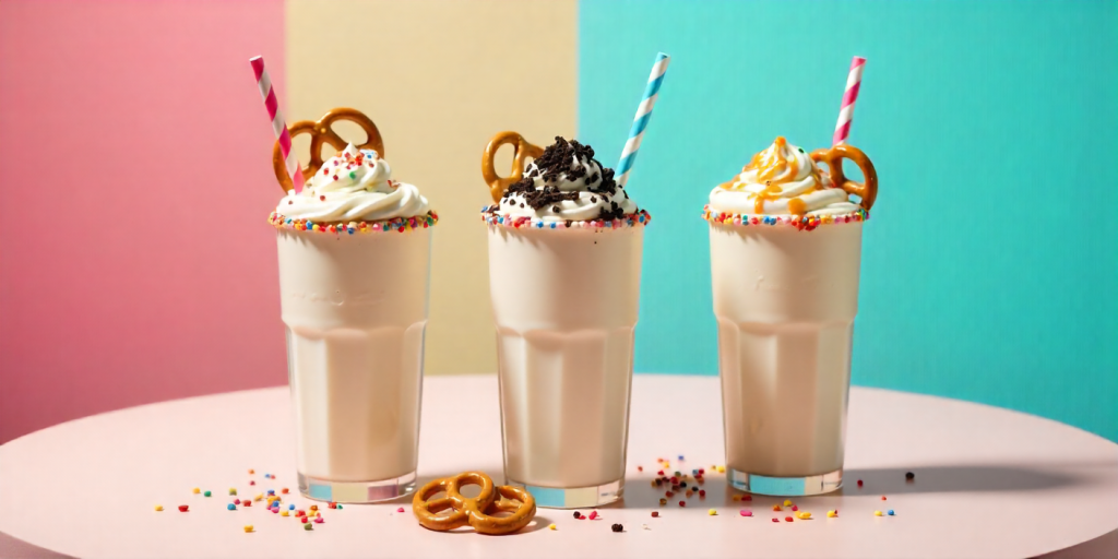 DIY Cook Out Milkshakes topped with sprinkles, caramel, and cookies.