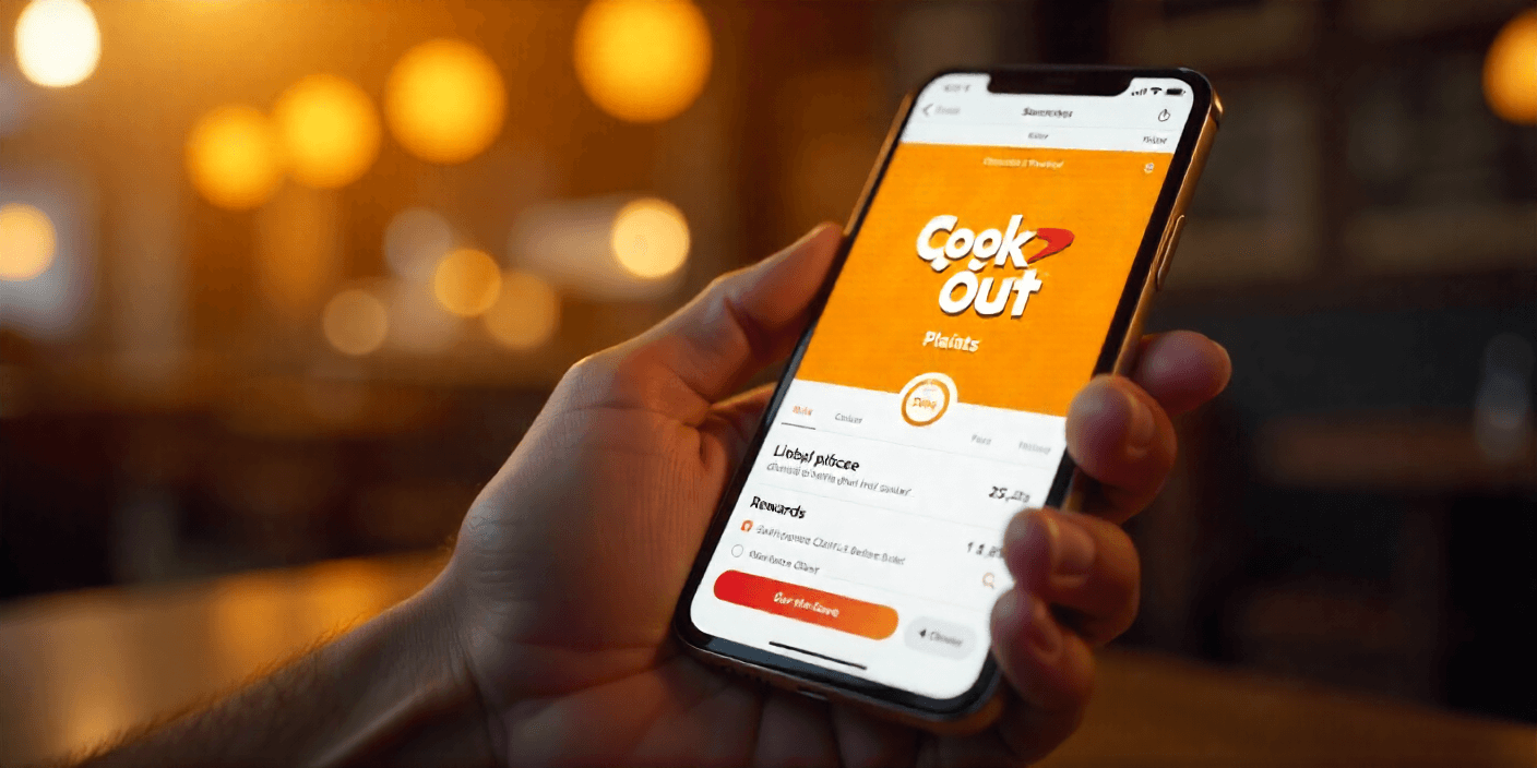 Mobile phone showing Cook Out loyalty program rewards app interface