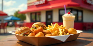 Home 24 Cook Out tray with burgers, fries, milkshakes, and hushpuppies with a Cook Out restaurant in the background. Cook out advertising