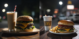 Home 22 cookout vs mcDobalds Cook Out charcoal-grilled burger with milkshake versus McDonald's Big Mac and fries in split-screen comparison.