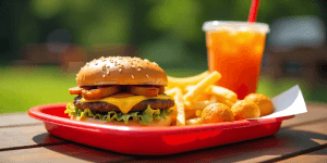 Home 22 Cookout tray with burger, fries, hushpuppies, and drink.
