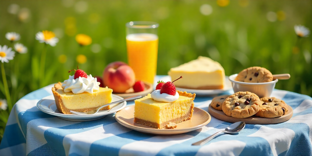 Assorted cookout desserts on a summer picnic table with pies, cobblers, and no-bake treats