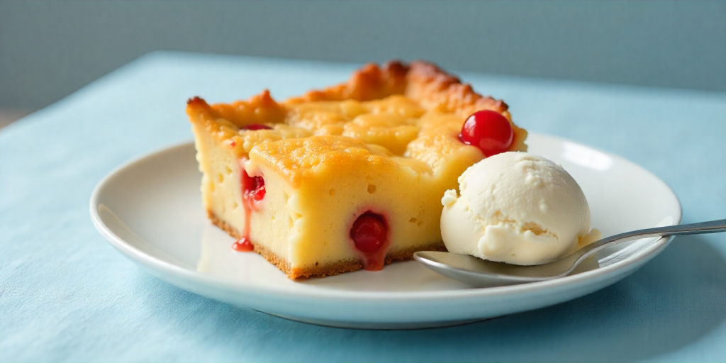 Pineapple cherry dump cake served warm with ice cream