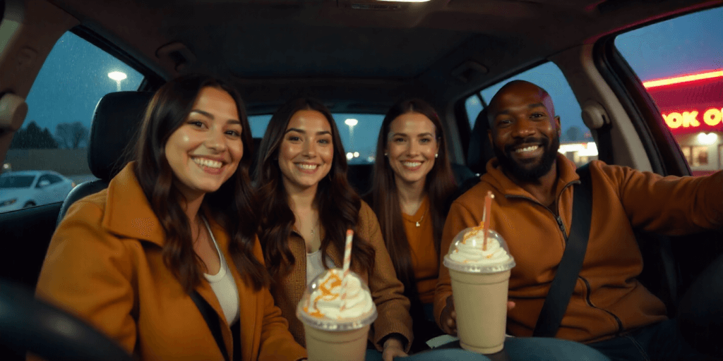 Friends eating Cook Out trays and shakes in car at night