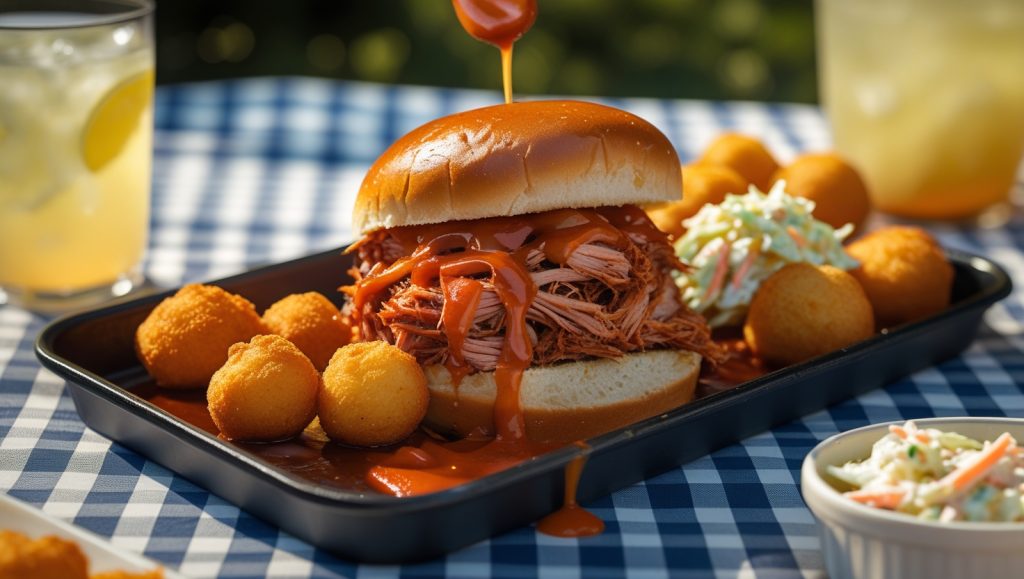 Cookout BBQ tray with pulled pork, hushpuppies, and coleslaw, highlighting cook out tray tips for a balanced meal.