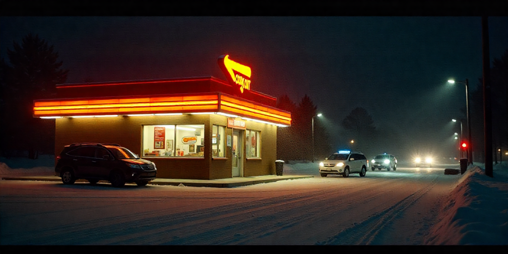 Nighttime Cook Out drive thru with cars in line