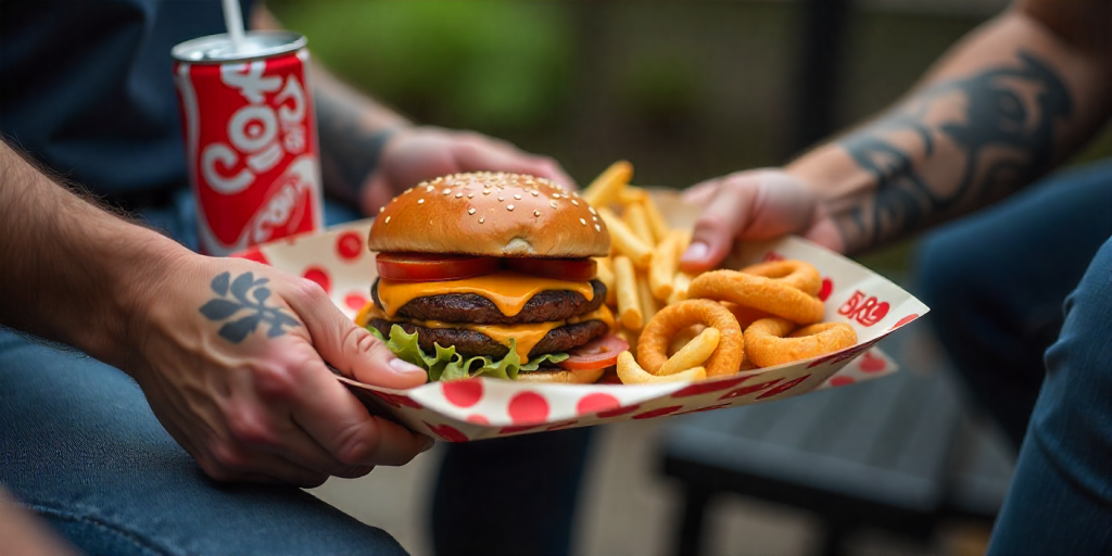 Hands opening Cook Out tray with burger fries and corn dog