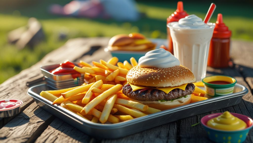 Classic Cookout tray with cheeseburger, fries, and milkshake on a wooden table, showcasing cook out tray tips for perfect ordering.