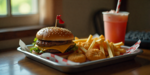 Home 24 Cook Out tray tips with burger, fries, hushpuppies, and milkshake. cookout vs sonic