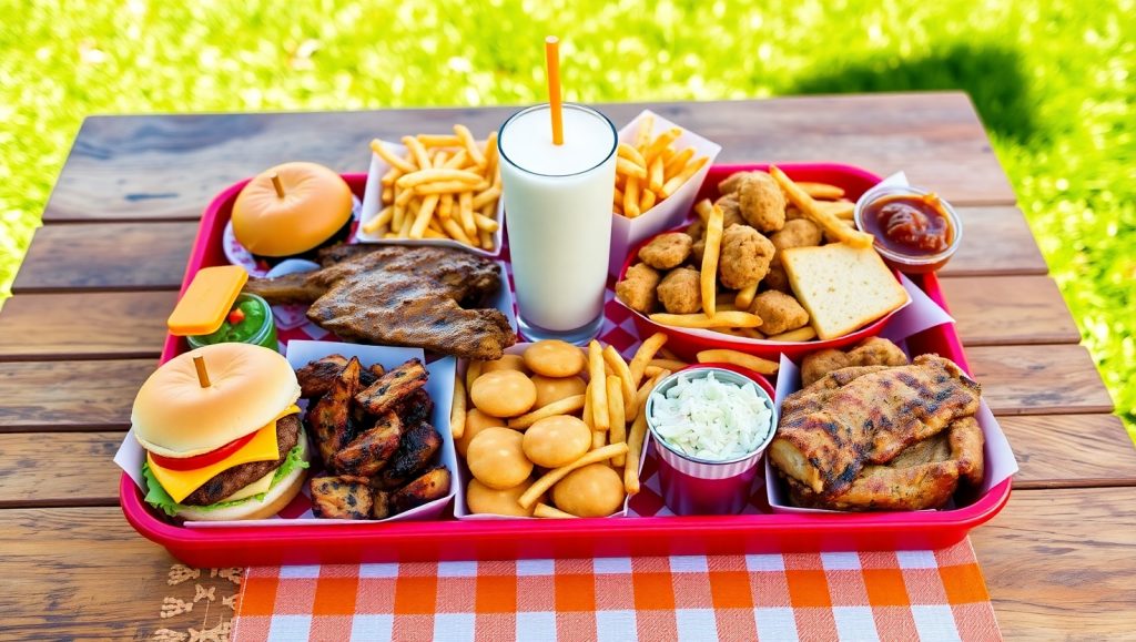 Ultimate Cookout tray with burger, BBQ, chicken, hushpuppies, fries, slaw, and milkshake, showcasing Cook out tray hacks for a perfect order.