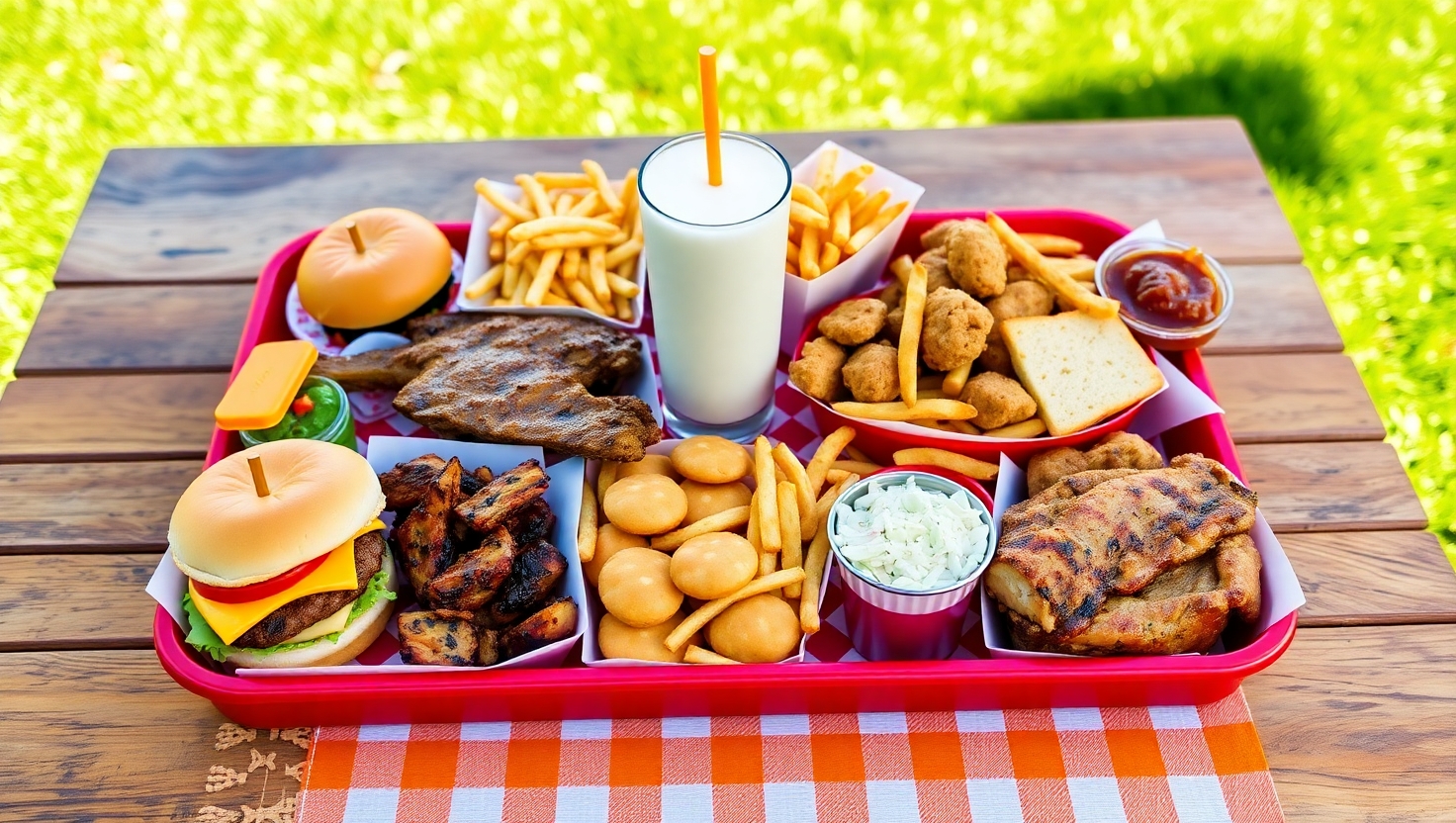 Ultimate Cookout tray with burger, BBQ, chicken, hushpuppies, fries, slaw, and milkshake, showcasing Cook out tray hacks for a perfect order.