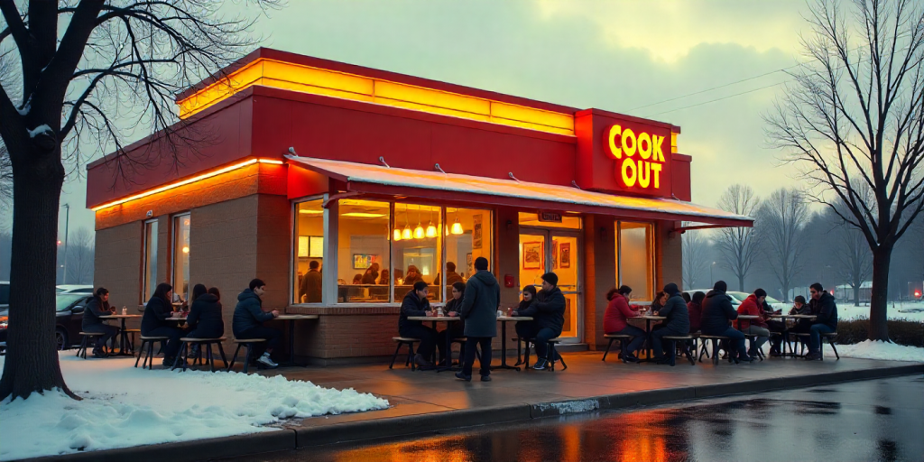 Cook Out restaurant in a small town with students and families gathering.