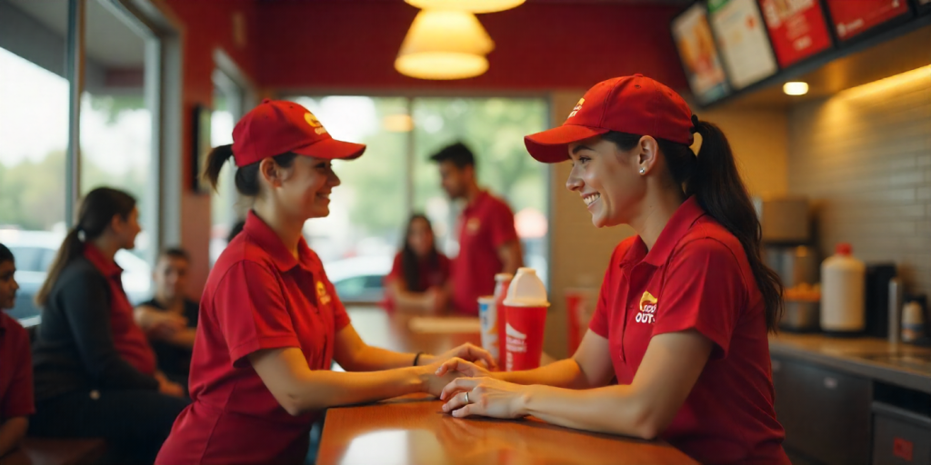 Cook Out employees serving customers at the counter and drive-thru.