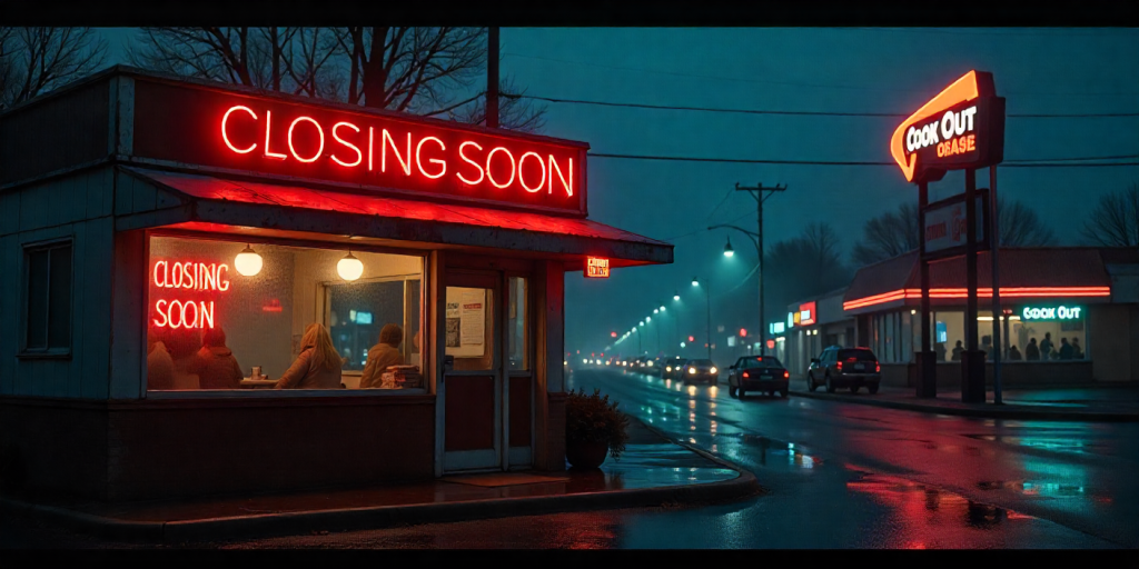 Cook Out local economy downsides shown by a small business closing near a busy franchise.