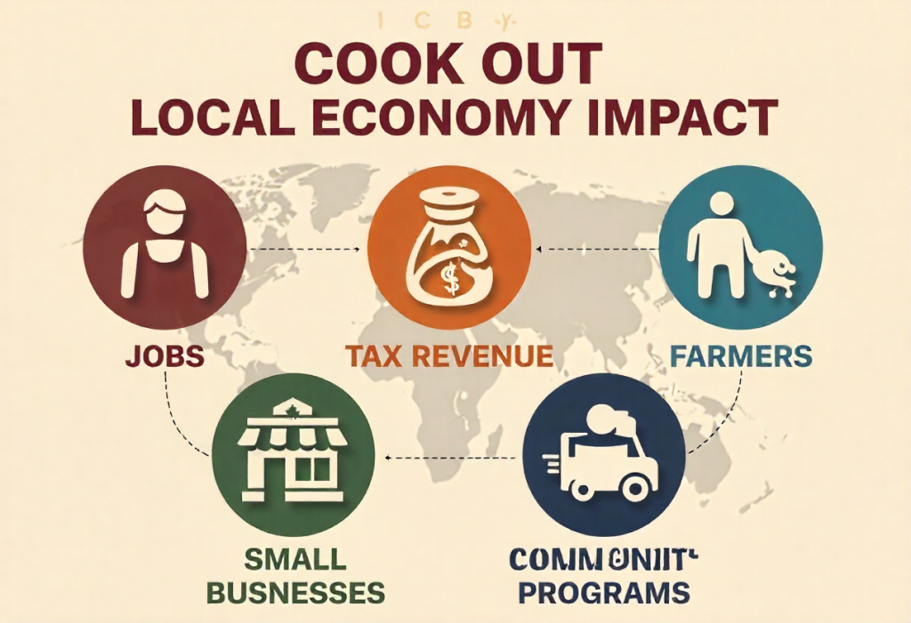 Infographic of Cook Out local economy impacts including jobs, taxes, suppliers, and community.