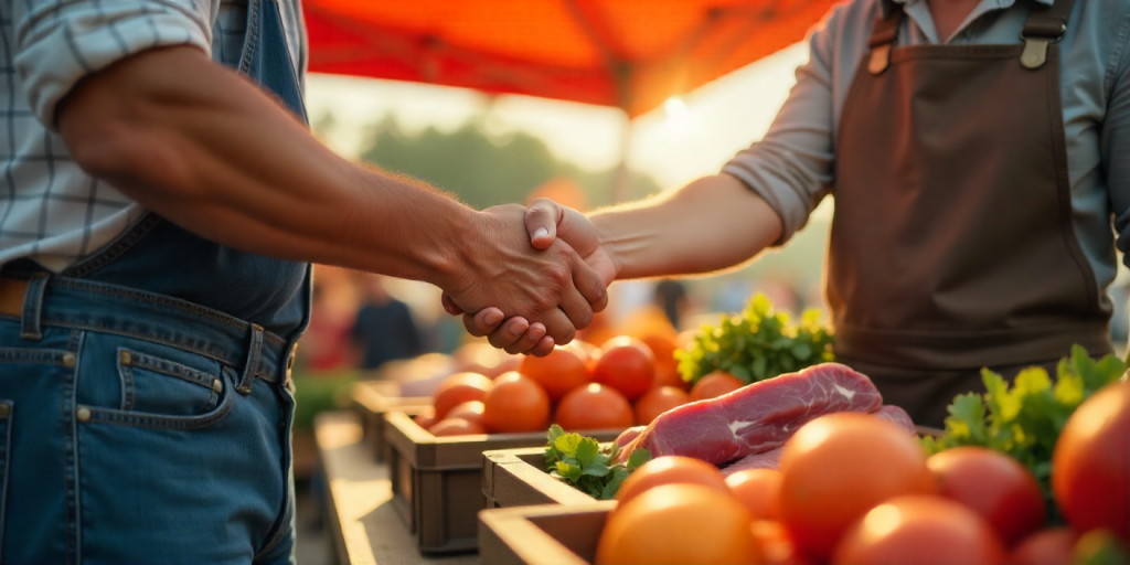 Local farmer and Cook Out supplier exchanging fresh produce and beef, creating impact in cook out local economy
