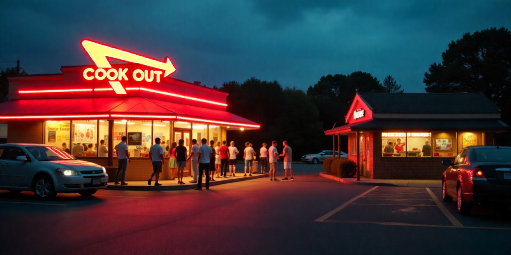 Cook Out across from a small diner, highlighting competition for cook out local economy