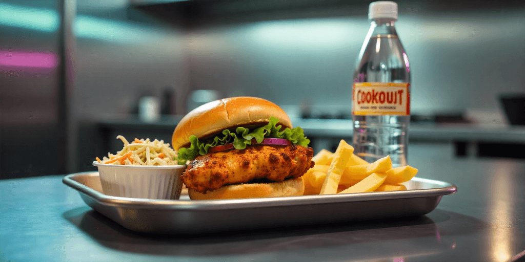 Healthy Cookout tray with grilled chicken sandwich, slaw, and water.