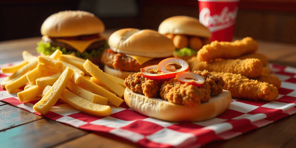 Cookout custom tray menu main items including burger, BBQ sandwich, chicken, quesadilla, and hot dogs.