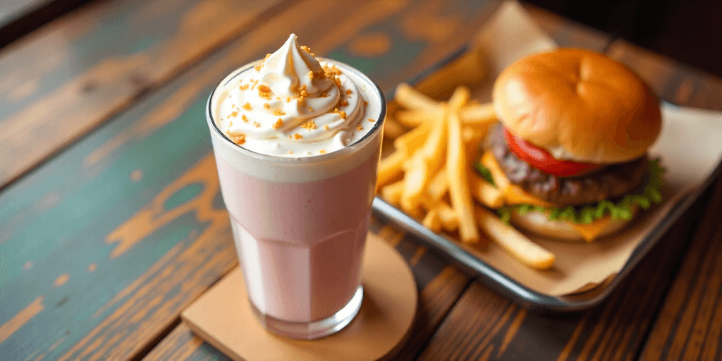 Cookout milkshake upgrade next to a burger and fries.