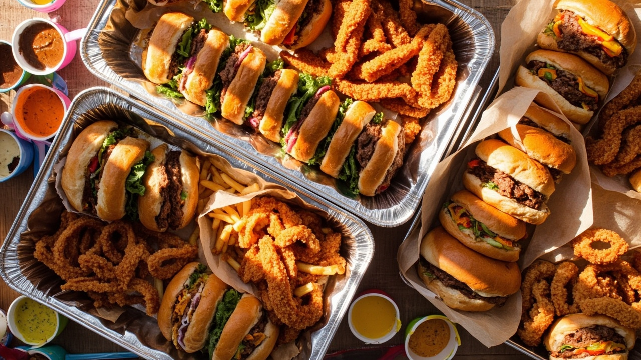 Large catering trays from Cook Out with burgers, chicken strips, sides, and sauces