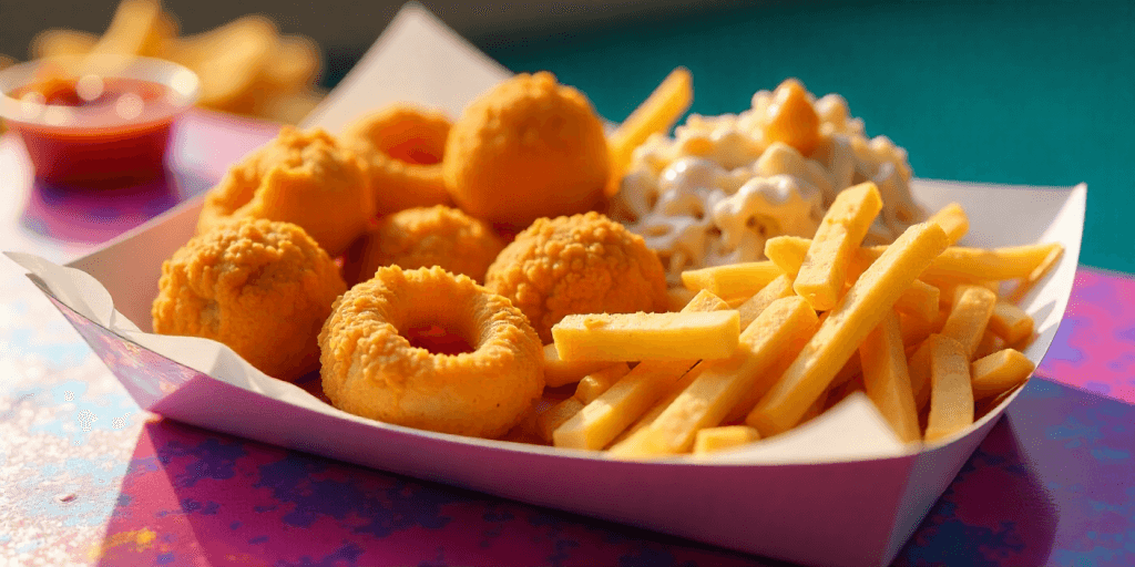 Cookout tray sides including hushpuppies, fries, onion rings, and slaw.