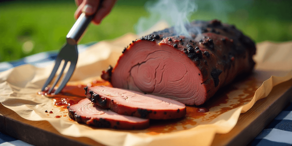 cross-section of smoked brisket showing smoke ring, cookout bbq science myth busting