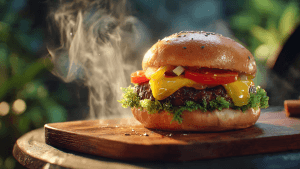 Juicy Cookout-style burger with cheese and brioche bun on a grill