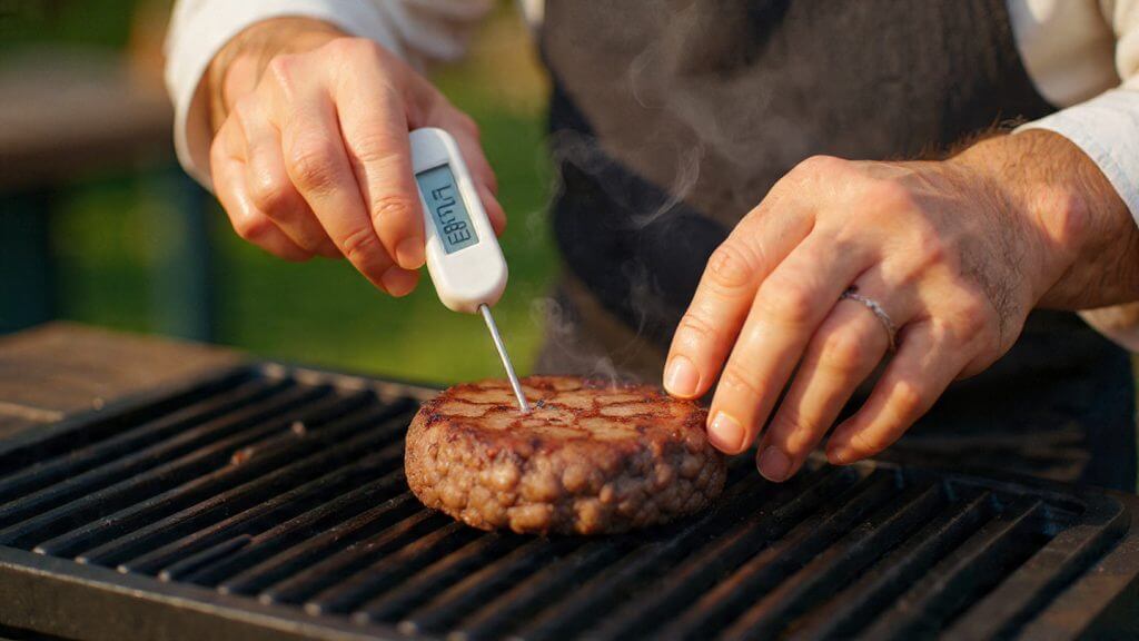 Thermometer showing safe burger temperature at 160°F