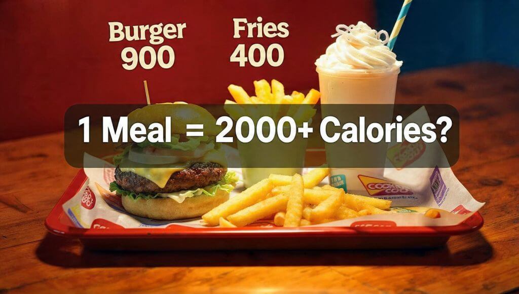 Cookout calories tray with burger, fries, and milkshake showing total calorie count.