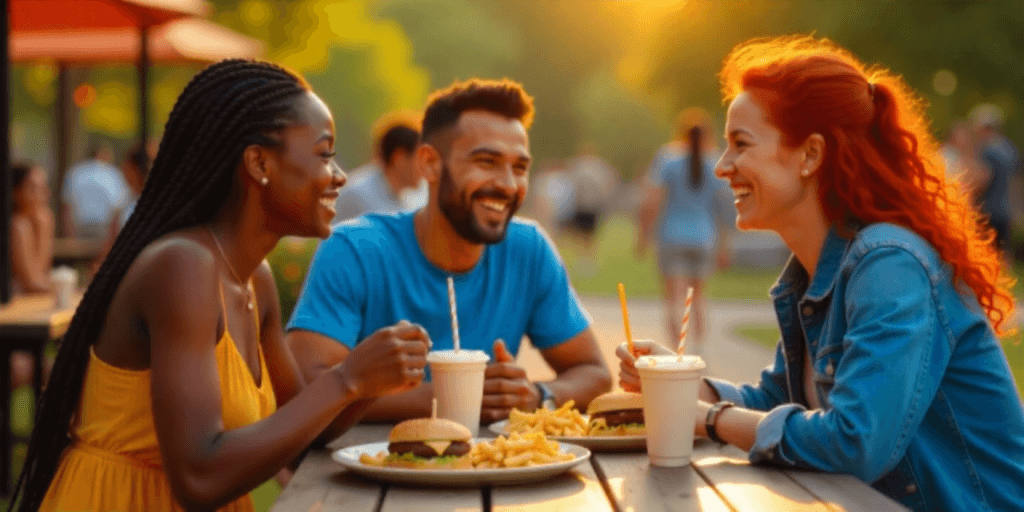 Top 7 Irresistible Cookout Iconic Item, Ranked and Explained 3 Friends enjoying a Cookout meal outdoors, representing the brand’s fun and social atmosphere.