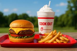 A Cookout iconic item meal with a juicy cheeseburger, crispy fries, and a milkshake served on a red tray outdoors.