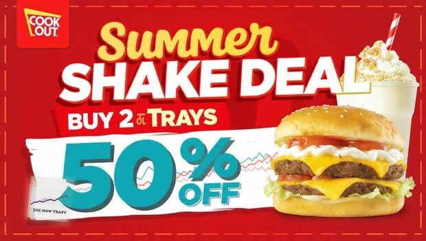 Cook Out promotional poster mockup featuring limited-time burger offer and milkshake loyalty deal