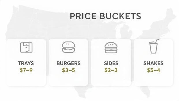Chart showing Cook Out price buckets for trays, burgers, sides, and shakes with typical USA pricing ranges