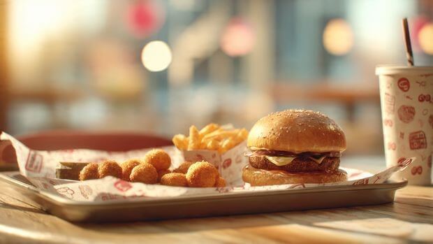 Cookout pricing strategy on restaurant tray combo meal with burger, fries, and milkshake representing