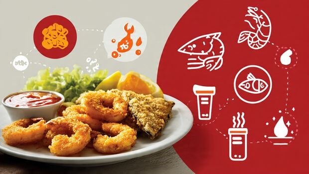 CookOut seafood nutrition chart, icons for calories, allergens, healthy swaps (salad, gluten-free, sauce)