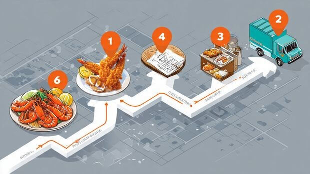 Infographic icons: website, fish/shrimp basket, delivery van, mobile phone, delivered seafood meal