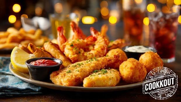CookOut fried shrimp and fish platter with fries, hush puppies, and dipping sauce on branded plate